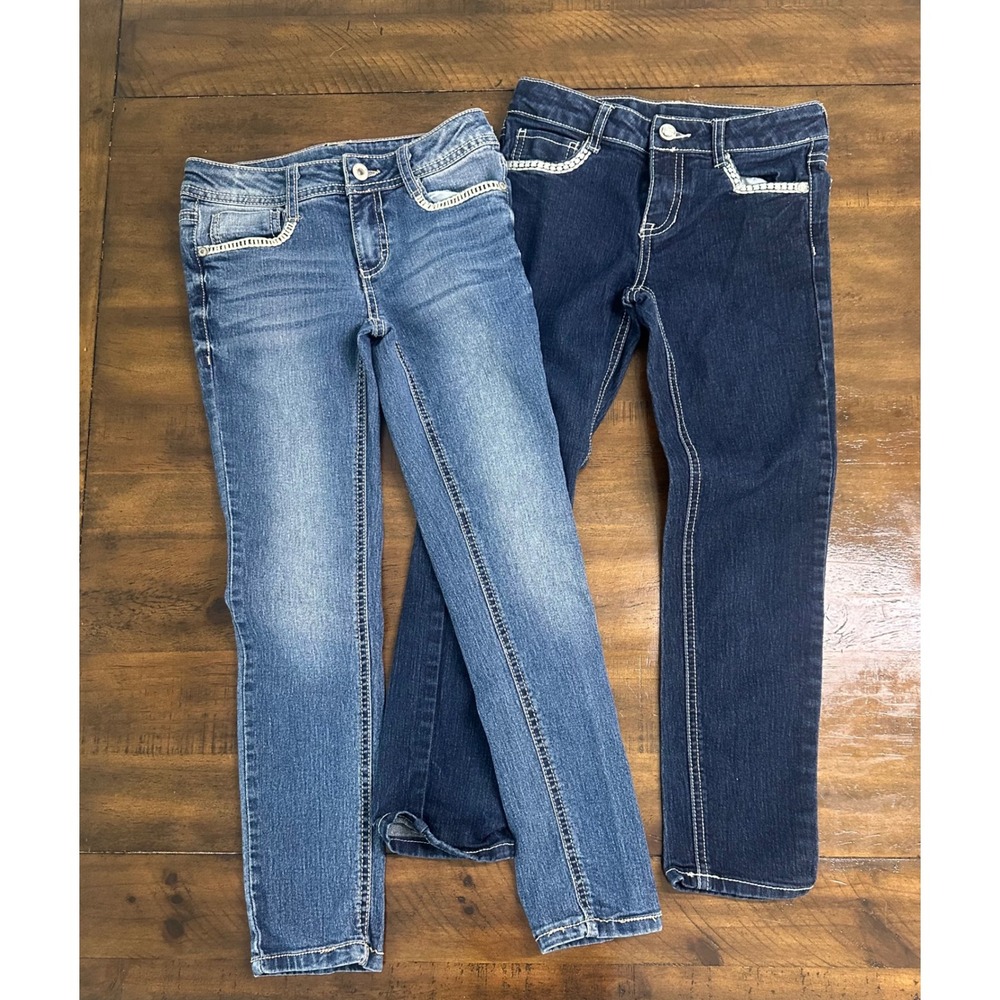 Faded Glory Girls Skinny Jeans Bundle Size 7 Medium Dark Wash Embroidered 2 Pack